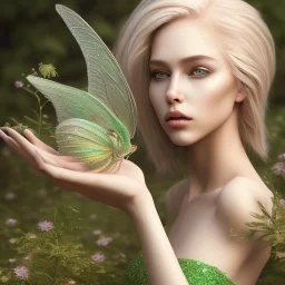 blonde hair, fairy, green, beautiful, hyperrealism, masterpiece, expert, sharp focus, 8K, pastel, macro lens, woman, detailed, flower, golden hour