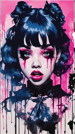 Poster in two gradually, a one side malevolent goth vampire girl face and other side the Singer Melanie Martinez face, full body, painting by Yoji Shinkawa, darkblue and pink tones,