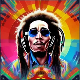 a realistic picture of Bob Marley with dreadlocks, at a turntable with headphones on being a DJ, jamaican color, with sunglasses, psychedelic trippy art