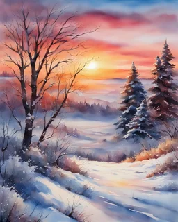 Painting of a snowy winter sunset on the plain, Snowfall, watercolor painting, watercolor painting style, beautiful painting, Bob Ross style, winter, snow, sunset, vibrant colors, masterpiece, detailed watercolor details, high quality, 4k