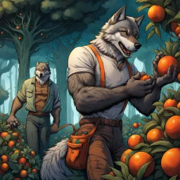 3d in body hair anthropomorphic wolf-man hybrid wearing a casual t-shirt, pants, and an orange belt, he harvests with his paws large reddish spherical fruits from a dark green bush-like plant. Behind him stands an older anthropomorphic wolf-man hybrid in t-shirt, pants and dark-orange belt. He carries a hoe in his paw. In the background, orange-red color fruits grow on other dark green bush-like plants, visible in the distance trees with thick trunks , detailed, scifi, fantasy