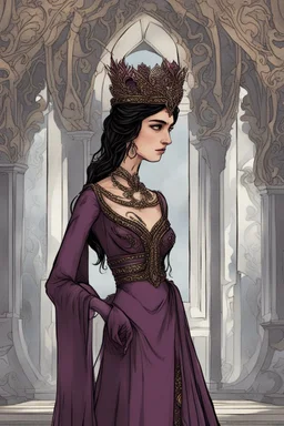 [Disenchantment, Queen Dagmar] Another damn ceremony awaiting her presence. Queen Dagmar smoothed the folds of her elaborate gown, dyed a rich plum and embellished with intricate black embroideries. Moonstones and jet glimmered at her neck and wrists, laden as she was with the trappings of her station. The plunging neckline displayed her alabaster cleavage to intimidating effect, while puffed sleeves resembled a raven's severe wings. A circlet of thorny black branches crowned her wild fiery mane