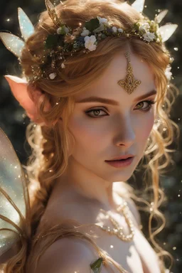 Pointed elven ears,Blonde hair ,Pink dress,Sparkling fairy wings,Very long golden hair,Fairy crown,pointed ears,elven ears,fairy wings,water lilies,sparkling,glittering,flowers,blossoms,golden crown,light pink dress