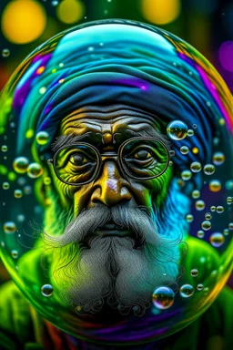 hyper real oil painting portrait of psychedelic guru from India watching himself inside a sphere in slimy bubbles and gelatinous background, zeiss prime lens, bokeh like f/0.8, tilt-shift lens 8k, high detail, smooth render, down-light, unreal engine, prize winning