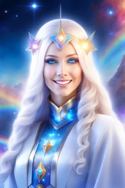 cosmic woman smile,galactic fédération, admiral from the future, one fine whole face, crystalline skin, expressive blue eyes,rainbow, smiling lips, very nice smile, costume pleiadian, Beautiful tall woman pleiadian Galactic commander, ship, perfect datailed golden galactic suit, high rank,rainbow hair, hand whit five perfect detailed finger, amazing big blue eyes, smilling mouth, high drfinition lips, cosmic happiness, bright colors, blue, pink, gold, jewels, realist, high,ufo,butterfly rainbow,