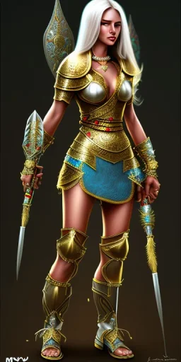 lady warrior with gold short top and flower