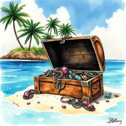 Pirates treasure chest cracked open and overflowing with jewelry and jewels half buries in the sand of a tropical island, palm trees in background, azure waters dramatic, disintegrating watercolor and ink