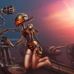 great illustrator, spanish, pencil sketch of a cute spanish girl kissing a cybergirl. steampunk style. Helmet with tubes. Girl with wings. Machinery in the background. Robotic bird flying. High details. 4k. unreal engine, sunset