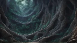 four people inside this giant walled tree looking from the base of it towards the chasm, the tree is as big as a world, central shot, hyper realistic cinematic