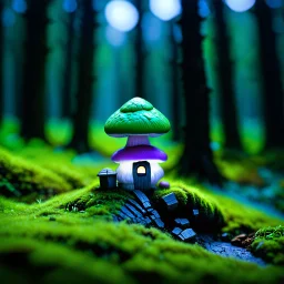 "Close up of a wonderful tiny Mushroom Tower home. green and purple with bright white, deep black and contrasting tones of gray. Illuminated bioluminescent forest. Professional painter, master at composition. small but detailed. broken, blurred background, voluminous lighting"