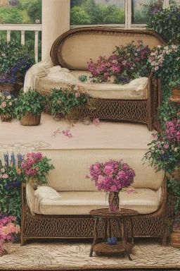 Night, twilight, a light brown wicker sofa with floral cushions, a glass-topped table in front of it, coffee steaming in a porcelain cup, and a down-turned open book next to it. Above the settee, flower bushes in planters, all on the terrace of a luxury house S<AI Nikon D850 highly detailed digital painting sharp focus elegant intricate photorealistic 4k very attractive beautiful dynamic lighting award winning fantastic view crisp quality Unreal Engine very cute cinematic postprocessing acrylic