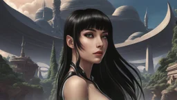 exotic slim sci-fi girl, with long dark hair with bangs, on an alien planet with tall cloud trees, tall spires, buildings, bridges, arches, photorealistic