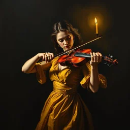 Wide chiaroscuro oil painting, woman violinist emerging from dark background, dramatic oil paint texture, light reflections on violin surface, yellow dress catching candlelight, thick oil glazes, reflective highlights on skin, baroque oil painting technique --ar 16:9 --style Caravaggio oil painting