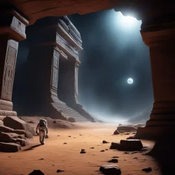 The astronauts move with precision and grace, their movements slow and deliberate in the low gravity of the alien world. They approach the crumbling entrance of the tomb, the air thick with the dust of ages past. With a hiss of escaping air, they step inside, their powerful lights cutting through the darkness like a beacon.