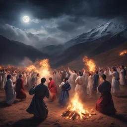 Hyper Realistic photographic-view of Pashto-People doing Traditional-Pashto-Attan-Dance with celebration atmosphere & garland-lights & bonfire on mountain-top at night with cloudy-moonlight showing dramatic & cinematic ambiance