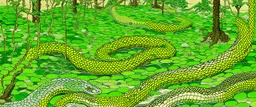 A lime green toxic swamp with snakes designed in ancient Roman mosaics painted by Utagawa Hiroshige