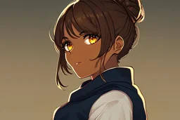 A beautifully detailed digital portrait of one anime girl with golden eyes, brown hair in a bun and freckles, night sky