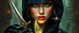 oil paint and airbrush, upper body portrait of clever crow vintage mustache cloaked assassin thief quickling juggler weird pretty woman with Damascus steel sacrificial dagger in then elven magical green city of Forgotten Realms, myth drannor