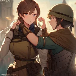 anime girls congratulating each other, patting each other on the back, great job, you can do it,with ribbons and medals of honor,girl presented an award for her accomplishments