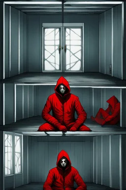 A scary gothic person sits quietly in the middle of a soundproof, padded room conveying intense dramatic emotions in a muted environment, wearing a bright red straitjacket , a mask to cover the mouth area of cannibal evil scary, dark and gothic look, cold eyes, eary ultra detailed,.32k, digital art style with messy paint, hardened sealer appearance, impasto, dramatic Arial view with explosive chaotic background