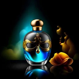 generate me an aesthetic complete image of Perfume Bottle with Masquerade Mask