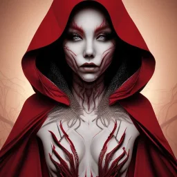 This spider woman is a fearsome sight to behold, with the body of a human woman and the head and legs of a spider. She is draped in a flowing red cloak, with a hood that covers her spider head. Her skin is covered in shimmering black scales, and her eyes glow a bright, otherworldly green. She is fast and agile, able to climb walls and ceilings with ease. She has venomous fangs and sharp claws, and she can spin webs of magical energy to ensnare her enemies. She is intelligent and cunning, and she