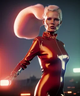 retro sci-fi portrait image from 1980, Los Angeles street explosions, fire, scared people, blonde woman walking, sweet Kate moss face, tight latex suit, soft color, highly detailed, unreal engine 5, ray tracing, RTX, lumen lighting, ultra detail, volumetric lighting, 3d, finely drawn, high definition, high resolution.