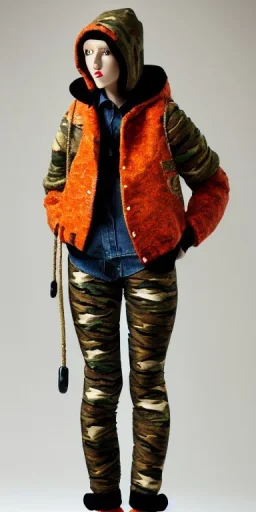 Brunette woman. average body type, think thighs and thick calves. Mantle is sewed of recycled Denim and sewed together of camouflage pieces. Printed camouflage figures are orange,terracotta, cream and purple. It is with big bright purple felt tippet and cream-colored-hood. mantle is merged with satchel. . AKG-style headphones (gold rings!) is merged with small felt cap with small visor. Style: Haute Couture in 1936, Paris fashion in 2023, inspired by street art. Cream latex gaiter.