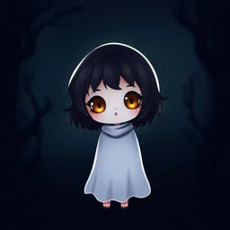 Cute little girl ghost cartoon fantasy night black made of shadows with orange eyes no background
