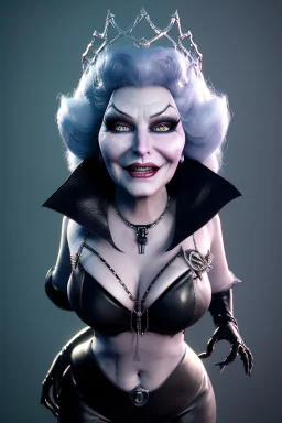 Mae West as evil queen in black leather, leather, busty, cleavage, angry, stern look. character design by cory loftis, fenghua zhong, ryohei hase, ismail inceoglu and ruan jia. unreal engine 5, artistic lighting, highly detailed, photorealistic, fantasy