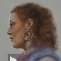 dibujo en grafito realista de rostro mujer 35 años nariz prominente aguileña gordita pelo rojo atado cola caballo ojos abiertos de perfil plano contrapicado rasgos definidos boca cerrada leve sonrisa