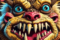 closeup of a maniacal monster's face, big teeth, tusks, fur, bumps and curled horns, my pet monster inspiration, urban character design