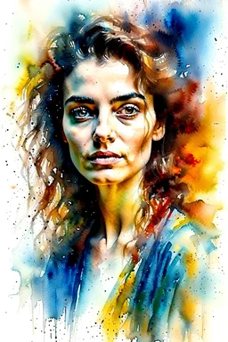 watercolor painting of a beautiful portrait of a 25 year old middle eastern woman, realistic skin texture, looking into the camera, Anna Razumovskaya style, atmospheric light, realistic colors