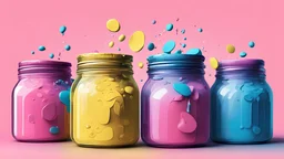 a medium quality digital illustration of jars of varying color paste ((pink, blue, yellow)) being used instead of money, abstract art, vibrant colors, creative concept, modern, conceptual illustration, alternative currency, financial revolution, imaginative, digital art, visual metaphor