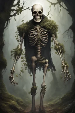 Skeleton, living skeleton, undead, leather armor, fungal growths, walking, full armor, medieval, vines holding together limbs, vine tendons, short, small skeleton, robed