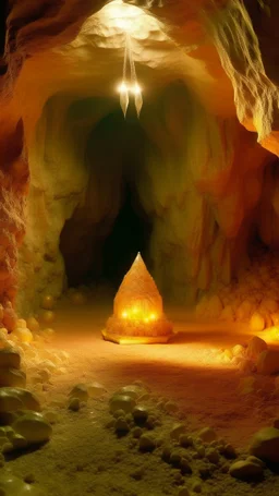 A light rosy orange colored cave with crystal shards designed in Maori sculptures painted by John Atkinson Grimshaw