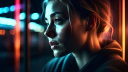Photoreal magnificent neon vibes woman confessing her love, as seen through a glass, by lee jeffries, photorealistic, bokeh masterpiece smooth shading, ultra detailed, high resolution, cinematic, unreal 6, subtle shadows, octane render, 8k, cinema 4d, HDR, dust effect, vivid colors