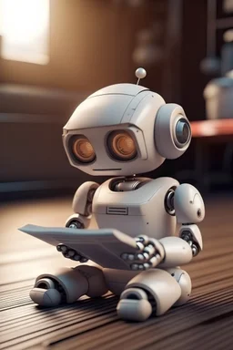cute baby robot, who is a Journalist, baby robot sitting on the floor, reading a big newspaper