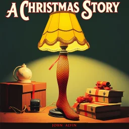 Modern movie poster of "A Christmas Story" by John Alvin, gaudy desk lamp which the lamp stem looks like a women's leg with fishnet stocking, movie poster, colorful movie still, 1940's aesthetic