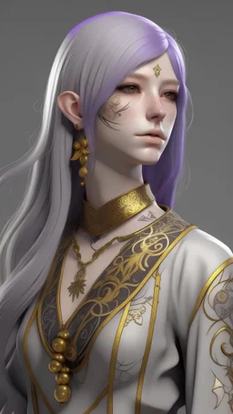Realistic brutalist anime style. Your skin is light in complexion and porcelain in tone covered in tattoos and piercings. You have a grey laced with gold cloth covering your eyes. Your body is lean, with little muscle, but not too thin. Your pure white long hair in a braid colored pure white. You are wearing a long sleeved purple dress with an elegant bodice that stops at your ankles with thick stockings and leather knee-high boots.