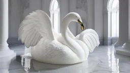 hyper realistic render of a swan carved out of white marble, sculpture is displayed inside of a big art exhibit