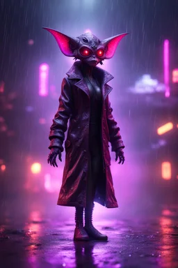 Volumetric fog gremlin lights,paradise sacred geometry framed playing card, black, red, spore and purple neon fire cyber punk dancer thief in soaked rain coat shadows boss card in the style of giger and fallout 4 ,,bokeh like f/0.8, tilt-shift lens 8k, high detail, smooth render, down-light, unreal engine