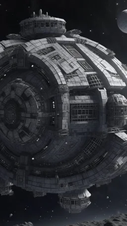 A gray space station in a dark galaxy with asteroids designed in ancient Greek mosaics