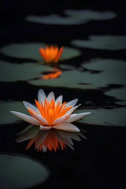 Glowing orange and white lily pad flower at night, water reflection