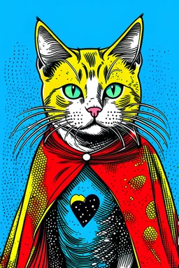 Gato superhéroe con capa al estilo arte pop