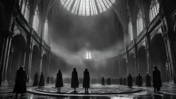400 people man and women standing in a circle, one man in centre floating in the air above the ground, inside dark extremely large sci-fi old cathedral, high ceiling, goth style, dark room, rain, wet, photographic, black and white