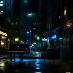 jazz vibes, city at night, lonely, dark colours, photo realistic