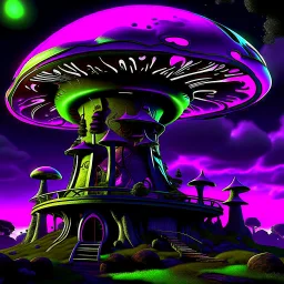A fantabulous black, purple and green (((mushroom tower house))) erected atop a (geologic pillar), surrounded by the uncanny imaginative ((( swirling skies))), offset by the stark hues of a (neon-tinged nebulous space scape), within. captured by the hand a skilled master painter with a focus on (softly blurred compositions and voluminous lighting).