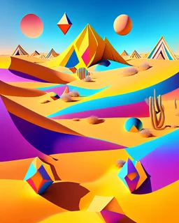 A surreal desert scene with colorful geometric shapes floating above the sand dunes, in the style of Salvador Dalí, vibrant colors, sharp contrasts, dreamlike imagery, 8K resolution