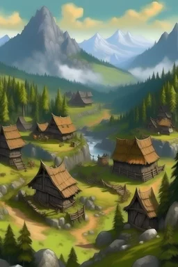 A village with a native population with ancient times, a well with rocky mountains and surrounded by forests